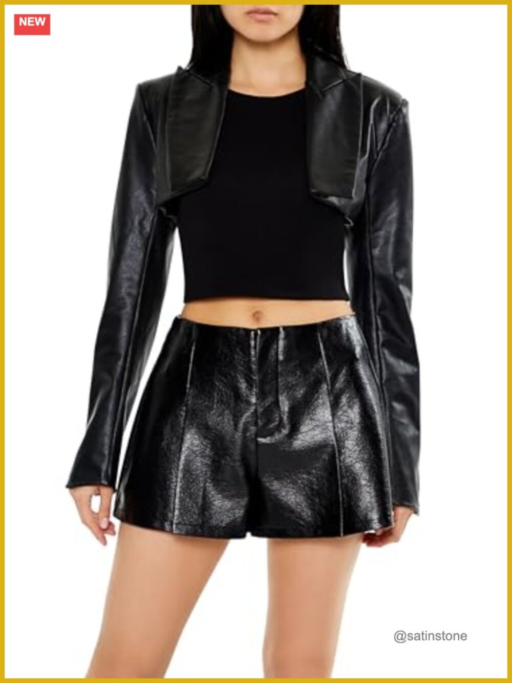Faux Leather Cropped Blazer Long Sleeve Peak Lapels Women's Suit Jacket